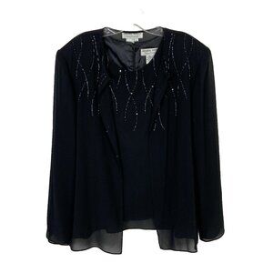 ADRIANNA PAPELL Evening Essentials Black Sheer Bead Sequin Jacket top set XL NWT